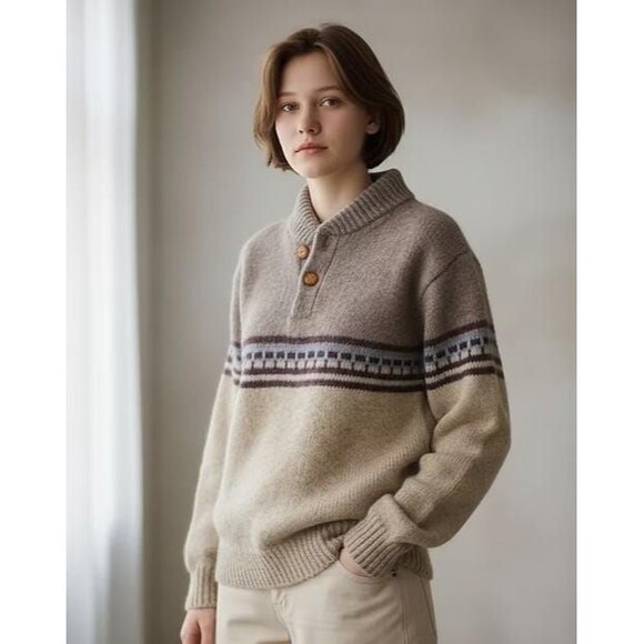 Vintage 80s Sweater Jumper Knit  Oatmeal Button Neck Leather Buttons Size Med - Picture 1 of 4